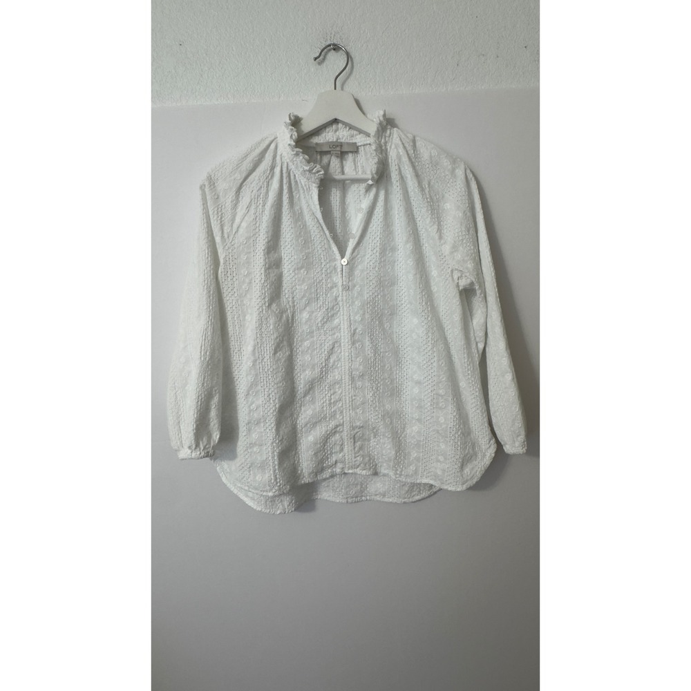 LOFT Eyelet Blouse Womens M White Ruffle Neck Cotton Boho Top Victorian Cottage